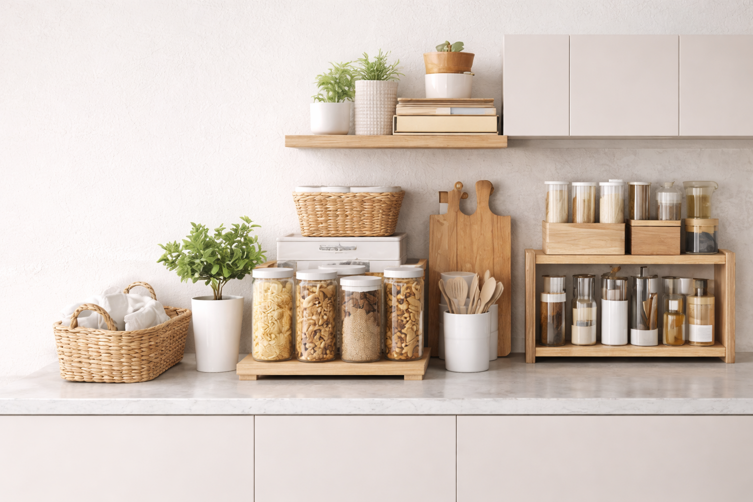 Organized home storage setup with baskets and decor